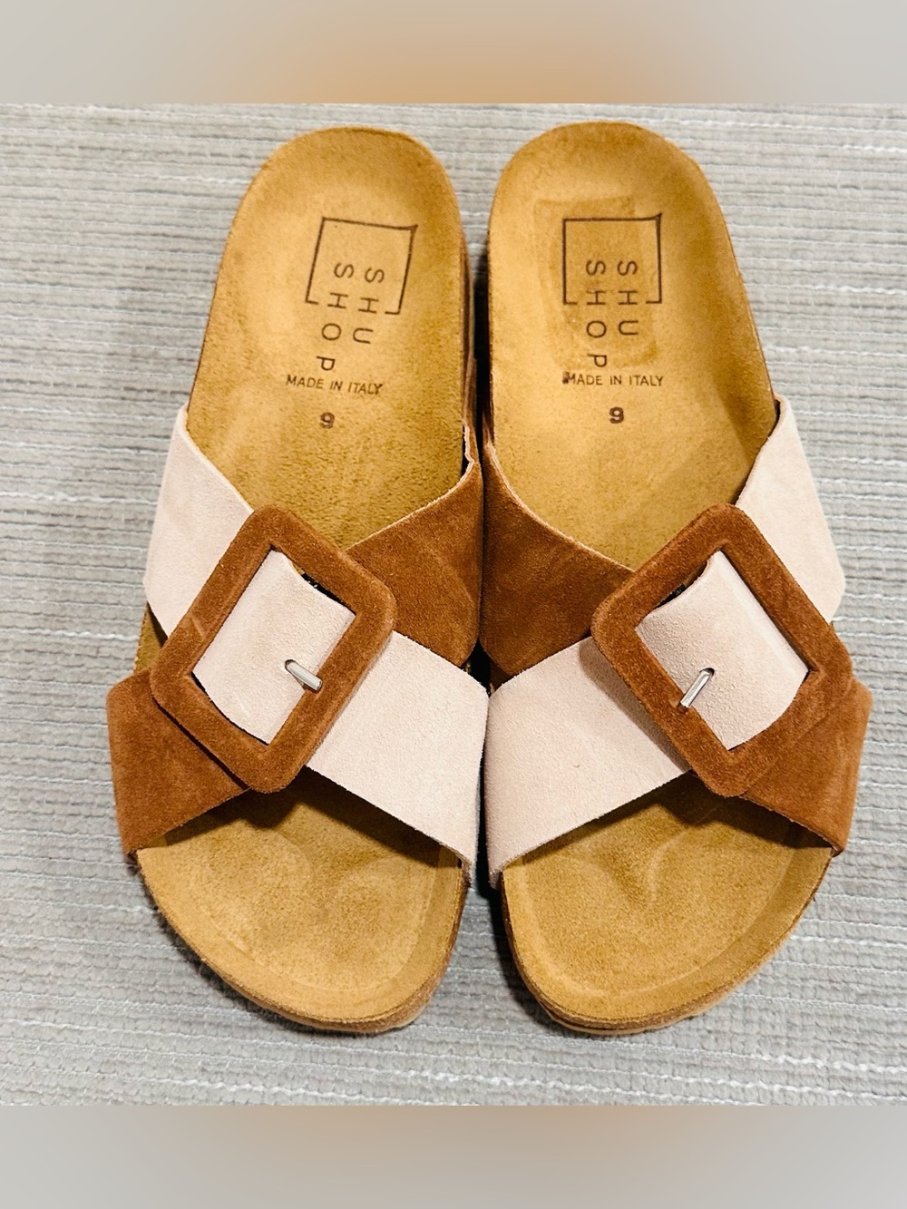 SHUSHOP Bettina Nude Suede Crisscross Buckle Slide Sandals Made in Italy Size 9